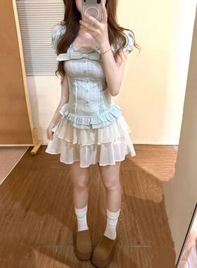 韩系甜美风套装夏季新款小清新泡泡袖上衣甜美风百搭半身裙两件套