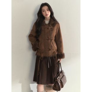 女冬季 百褶半身裙套装 休闲两件套 复古麂皮毛领外套 橡树棕星星扣