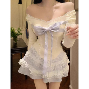春季 芋泥蛋糕 森系甜美氛围感纯欲显瘦蝴蝶结方领上衣短裙两件套