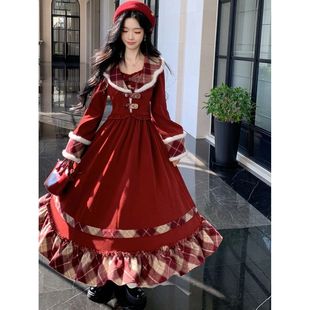 圣诞颂歌酒红色格纹拼接两件套冬日新款减龄气质大摆裙长款套装女