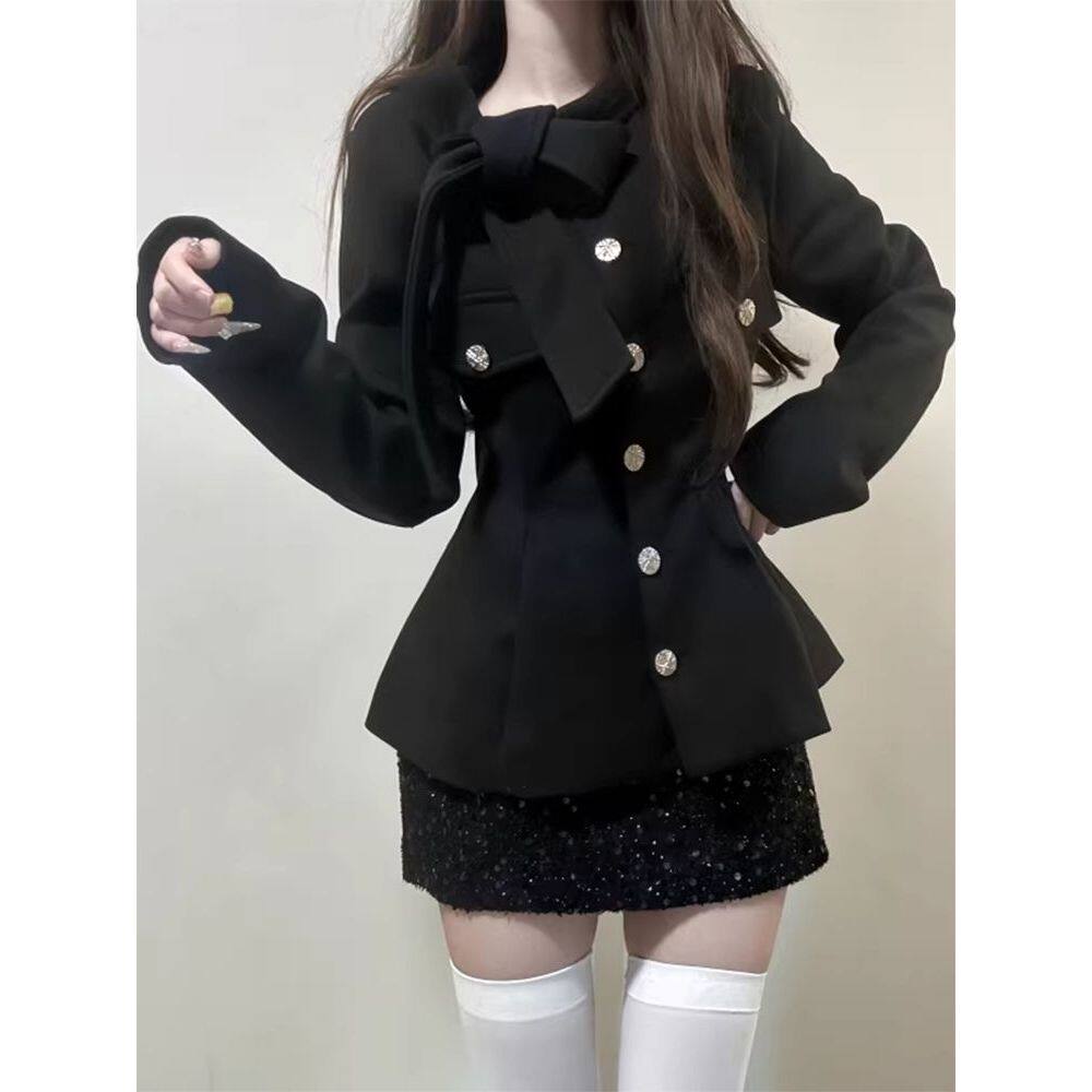 鎏金黑羽 法式气质小香风绑带蝴蝶结收腰毛呢外套亮片包臀裙套装