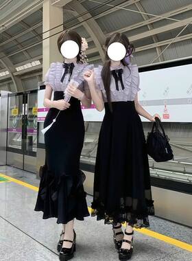 【罗拉情书】清楚系大小姐气质蝴蝶结拼接木耳花边收腰连衣裙夏季