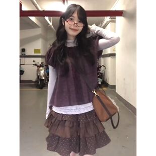 日系vintage古早森系葡萄紫花边打底衫+短袖上衣+蛋糕半裙三件套