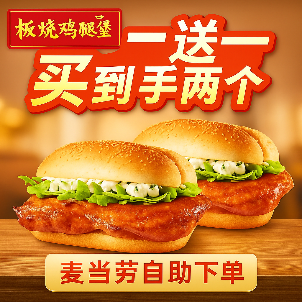 麦当劳优惠券全国通用板烧鸡腿堡一加一代下单双人套餐早餐汉堡