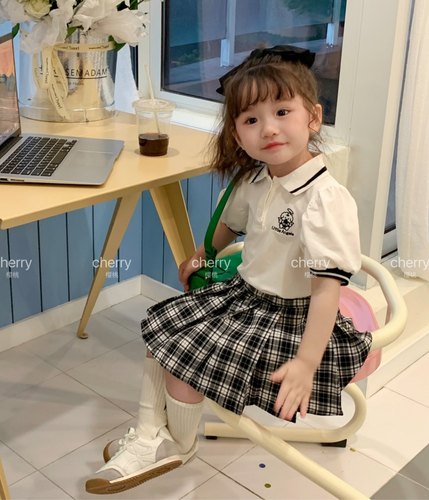 23夏 韩版品牌cherry正品学院风短袖短裙两件套儿童套装女童裙子