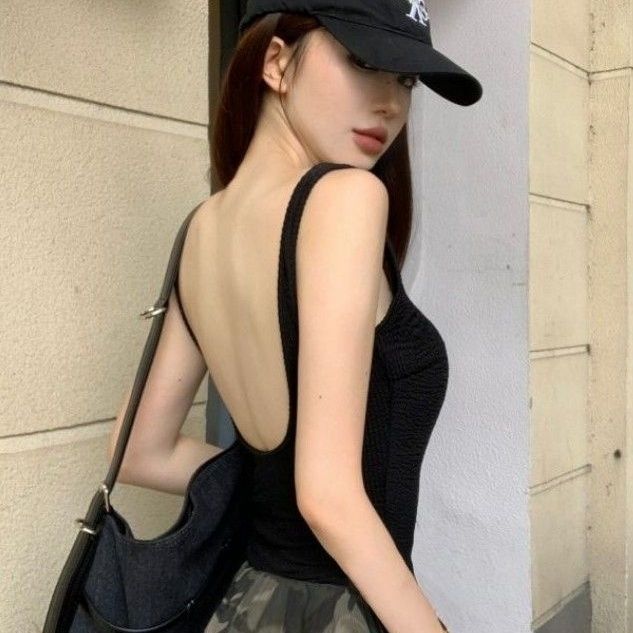 辣妹女夏季内带胸垫黑色吊带背心外穿美式复古欧美小众露背上衣