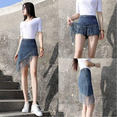 2025新款流苏牛仔裙半身裙女裤裙包臀春夏季韩版假两件内衬短裙子