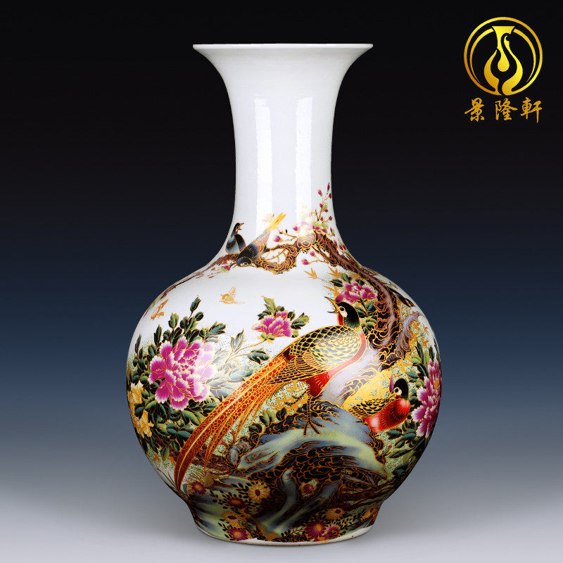 景德镇陶瓷器现代中式客厅装饰品珐瑯彩落地大花瓶花插电视柜摆件