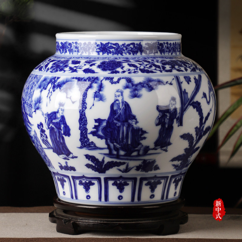 景德镇陶瓷花瓶摆件家居客厅装饰品仿古明清仿手绘青花三顾茅庐罐