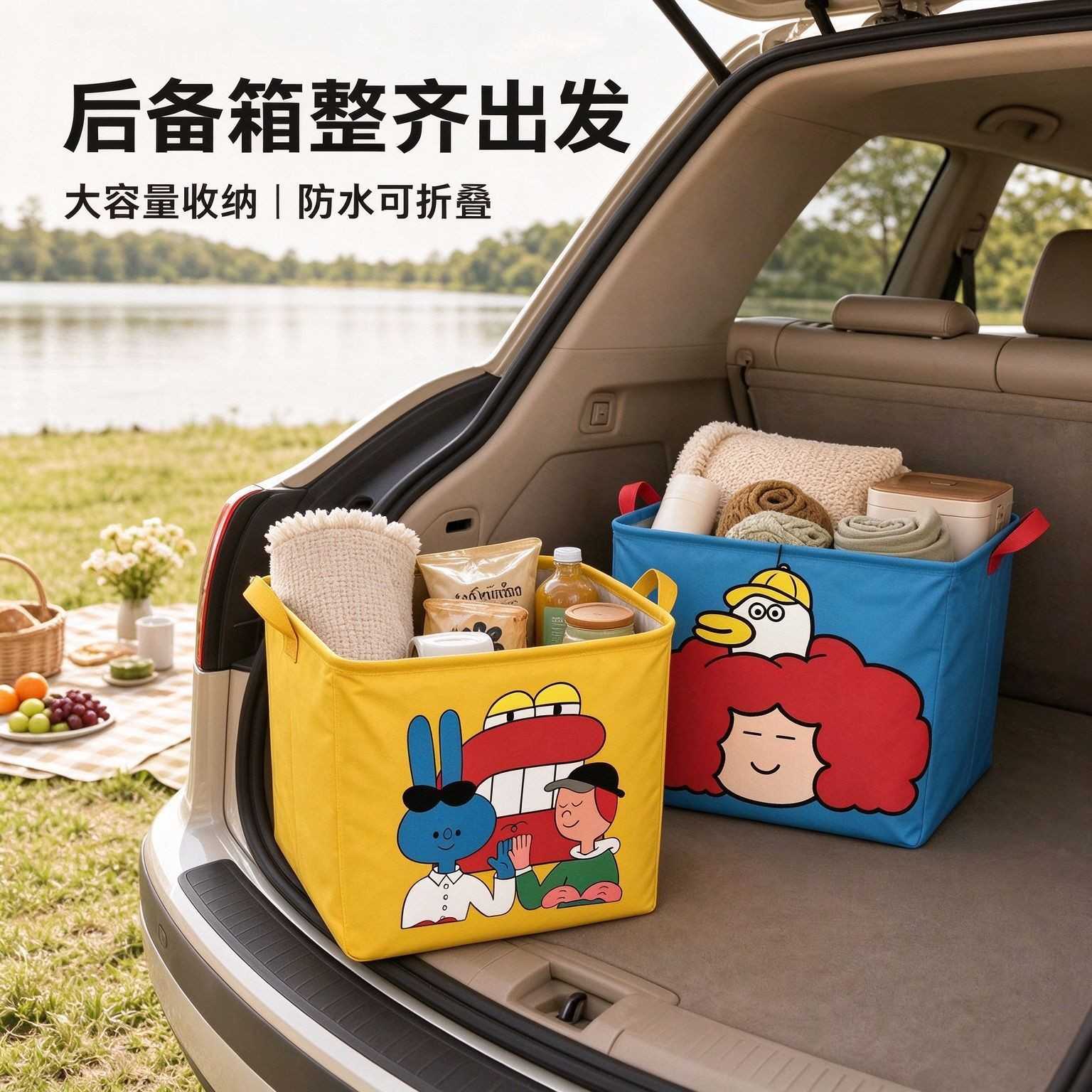 汽车收纳箱防水折叠车用后备箱可爱卡通收纳袋车内杂物整理箱储物