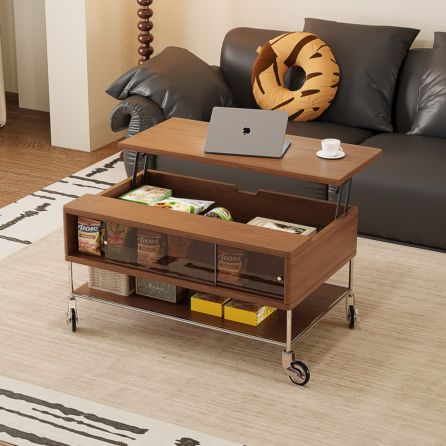 中古风可移动升降实木茶几