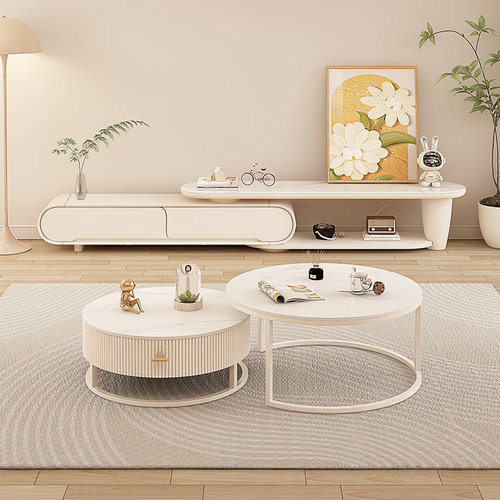 执竹者奶油风伸缩岩板整装可伸缩