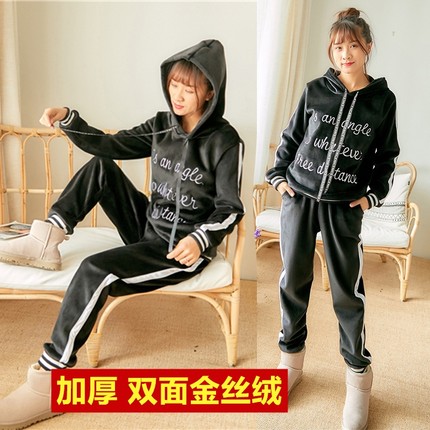 新款秋冬季加厚加绒卫衣套装女装字母金丝绒运动服两件套宽松显瘦