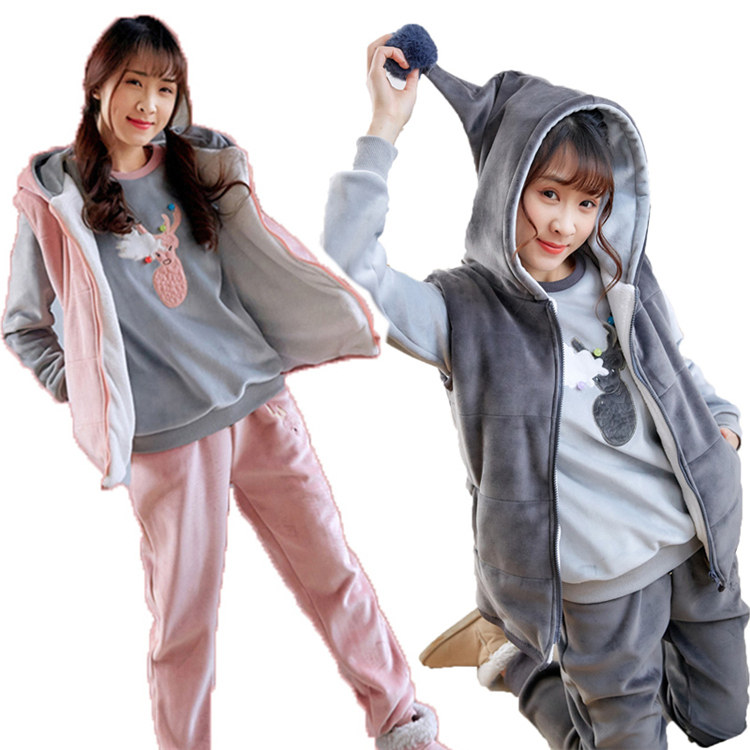 韩版秋冬加厚加绒三件套卫衣套装女休闲运动双面金丝绒毛球尖尖帽