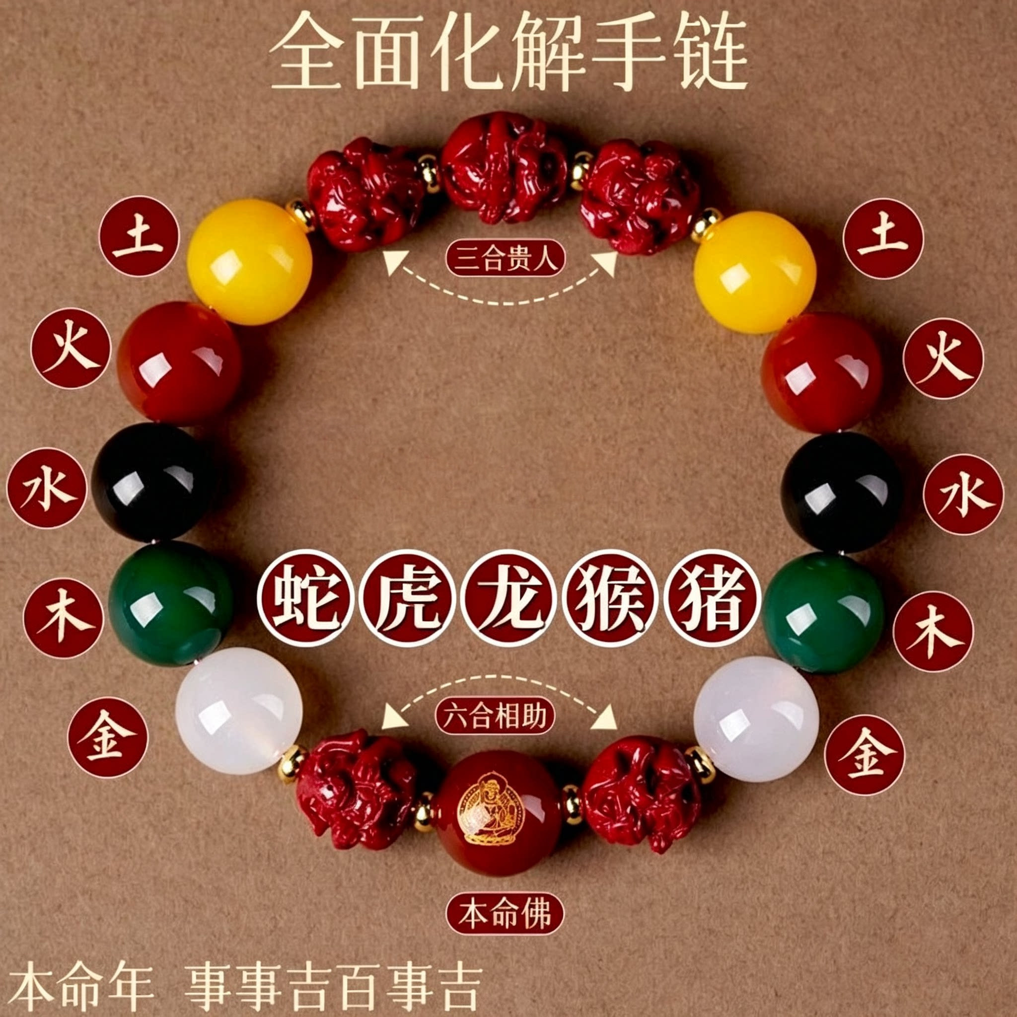 马龙年紫金砂朱砂手串女金木水火土三合六合手链年本命年
