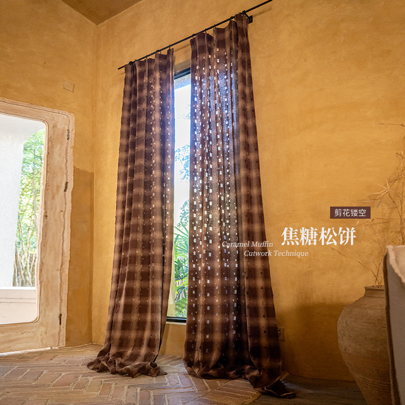 焦糖松饼丨镂空纯棉麻窗帘定制 复古焦糖色咖啡店大地色系中古帘