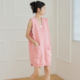 针织裙 纯棉毛衣背心马甲女V领套头宽松大码 东润莲品牌原创 中长款