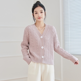 东润莲品牌纯棉毛衣女V领长袖 短外套 外穿春秋加厚全棉线针织开衫