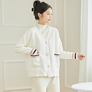 东润莲原创 外套春秋女V领宽松拼色加厚全棉针织上衣 纯棉毛衣开衫