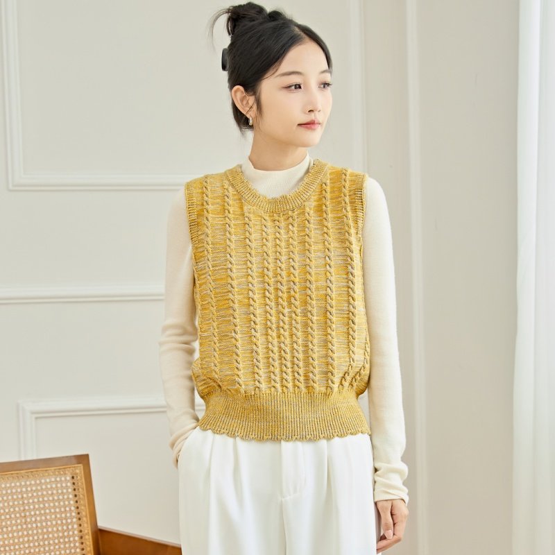 东润莲原创 花色纯棉毛衣马夹 秋冬女式圆领套头短款针织棉线背心