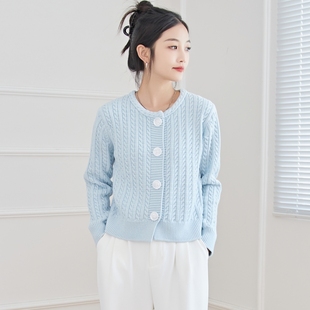 开衫 东润莲品牌原创纯棉毛衣女春秋外穿内搭圆领长袖 全棉针织短款