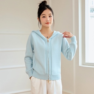 春秋女纯棉毛衣 加厚针织短外套 东润莲原创 全棉线衣连帽拉链开衫
