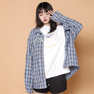 204-JK70-P75中性蓝墙小香风格子宽松夹克长袖外套女翻领春秋新品