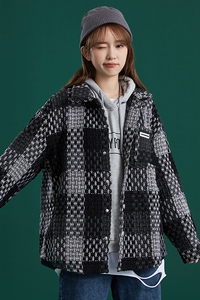 204-JK50-P65中性蓝墙外套女春秋复古格纹夹克宽松翻领长袖上图片