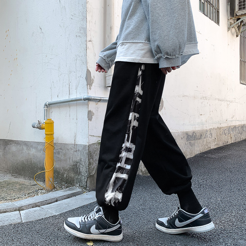 204-K23-P45拼接拉链直筒长裤复古宽松情侣休闲抽绳运动裤,男装休闲裤,星座204