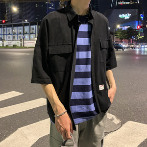 204-CS05  有视频 日系oversize 宽松纯色衬衫潮男韩版五分袖图片