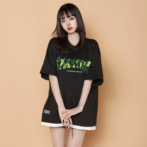 204-T62-P30 中性蓝墙美式毛巾刺绣短袖T恤女生ins圆领假两件半袖图片