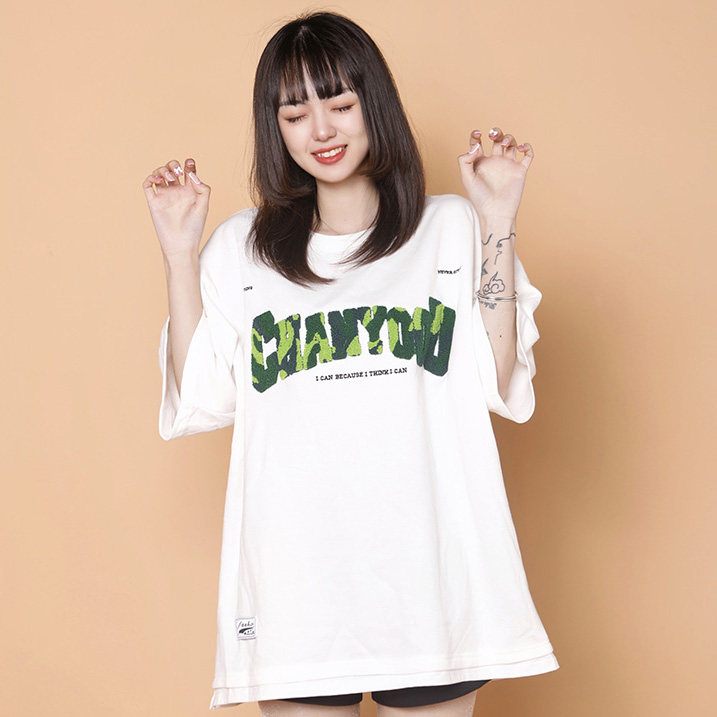 204-T62-P30 中性蓝墙美式毛巾刺绣短袖T恤女生ins圆领假两件半袖图片