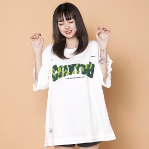 204-T62-P30 中性蓝墙美式毛巾刺绣短袖T恤女生ins圆领假两件半袖图片