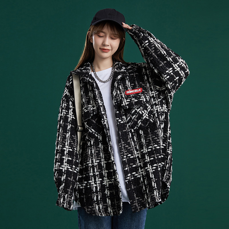 204-JK49-P75中性蓝墙韩版潮流女粗格纹小香风衬衫宽松薄款外套,女装短外套,星座204
