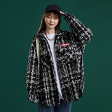 204-JK49-P75中性蓝墙韩版潮流女粗格纹小香风衬衫宽松薄款外套，女装短外套，星座204