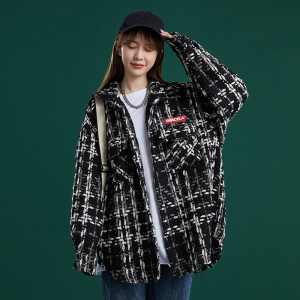 204-JK49-P75 中性 蓝墙韩版潮流女粗格纹小香风衬衫宽松薄款外套图片