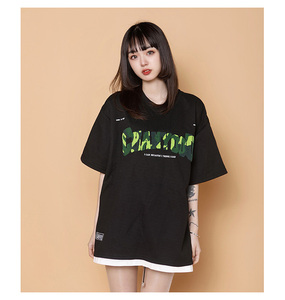 204-T62-P30 中性蓝墙美式毛巾刺绣短袖T恤女生ins圆领假两件半袖图片