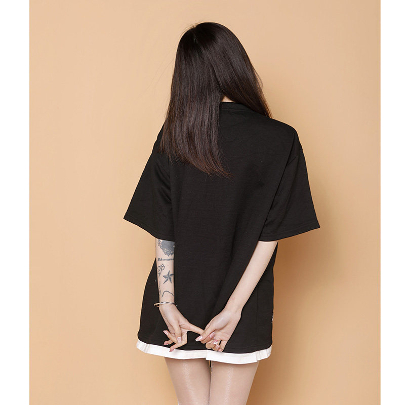 204-T62-P30中性蓝墙美式毛巾刺绣短袖T恤女生ins圆领假两件半袖,女装T恤,星座204