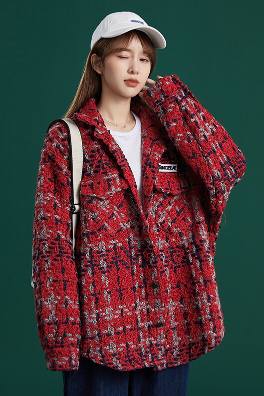 204-JK49-P75中性蓝墙韩版潮流女粗格纹小香风衬衫宽松薄款外套,女装短外套,星座204