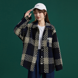 204-JK50-P65外套女春秋新款复古格纹夹克宽松翻领长袖上衣控98图片