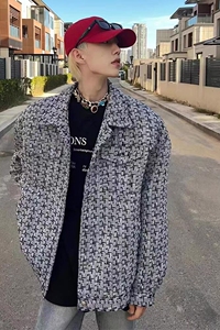 小香风外套男潮流千鸟格痞帅高级感男装潮牌情侣衬衫式夹克春秋款图片