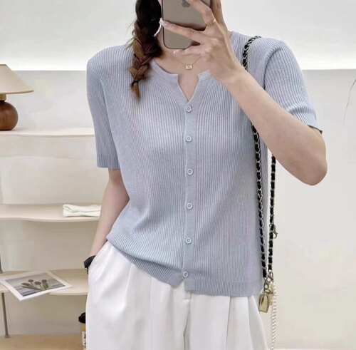 2024夏季新款冰丝针织开衫女短袖薄款宽松显瘦百搭短款上衣小外套