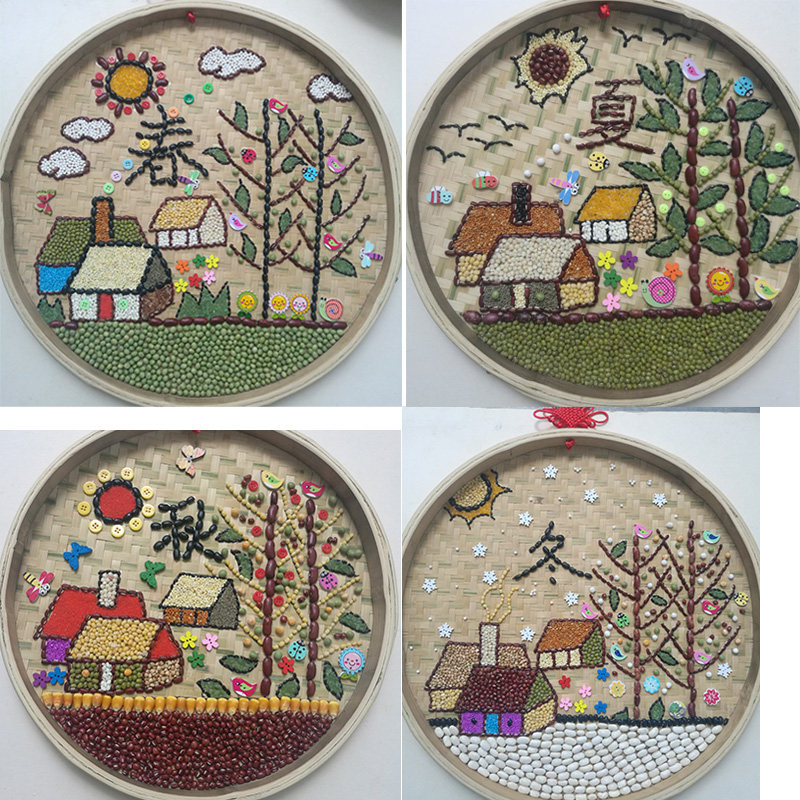 五谷杂粮贴画四季DIY竹匾画成品