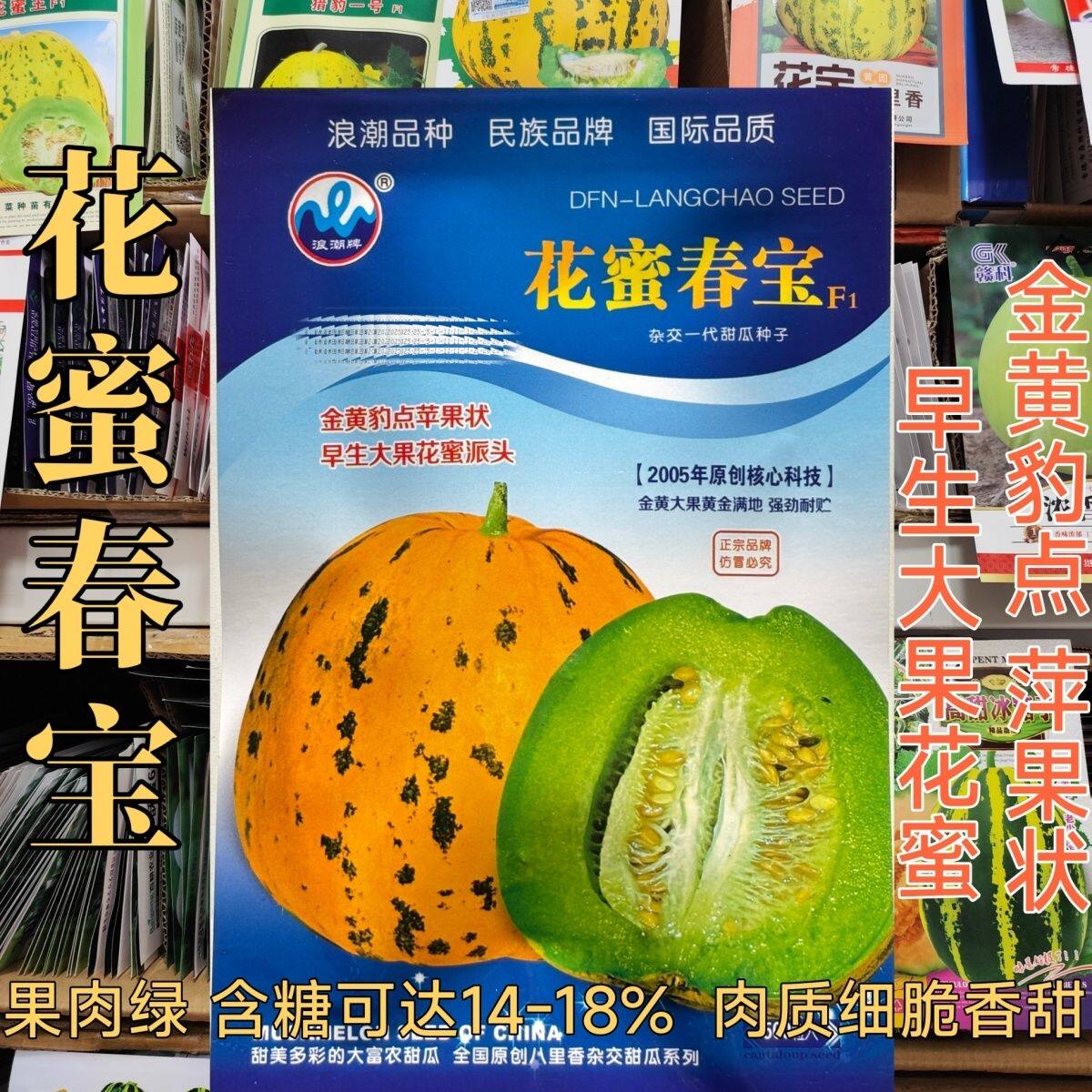 浪潮牌花蜜春宝甜瓜种子近圆形苹果状八里香甜瓜金黄豹纹绿肉脆甜