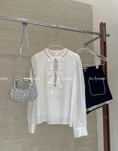 2025春新款重工钉珠镶钻衬衫女长袖高级感荷叶边拼接蝴蝶结上衣