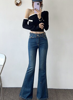 欧货MKMZ2025秋季新款重工烫钻喇叭裤腰封牛仔裤深蓝色微喇长裤
