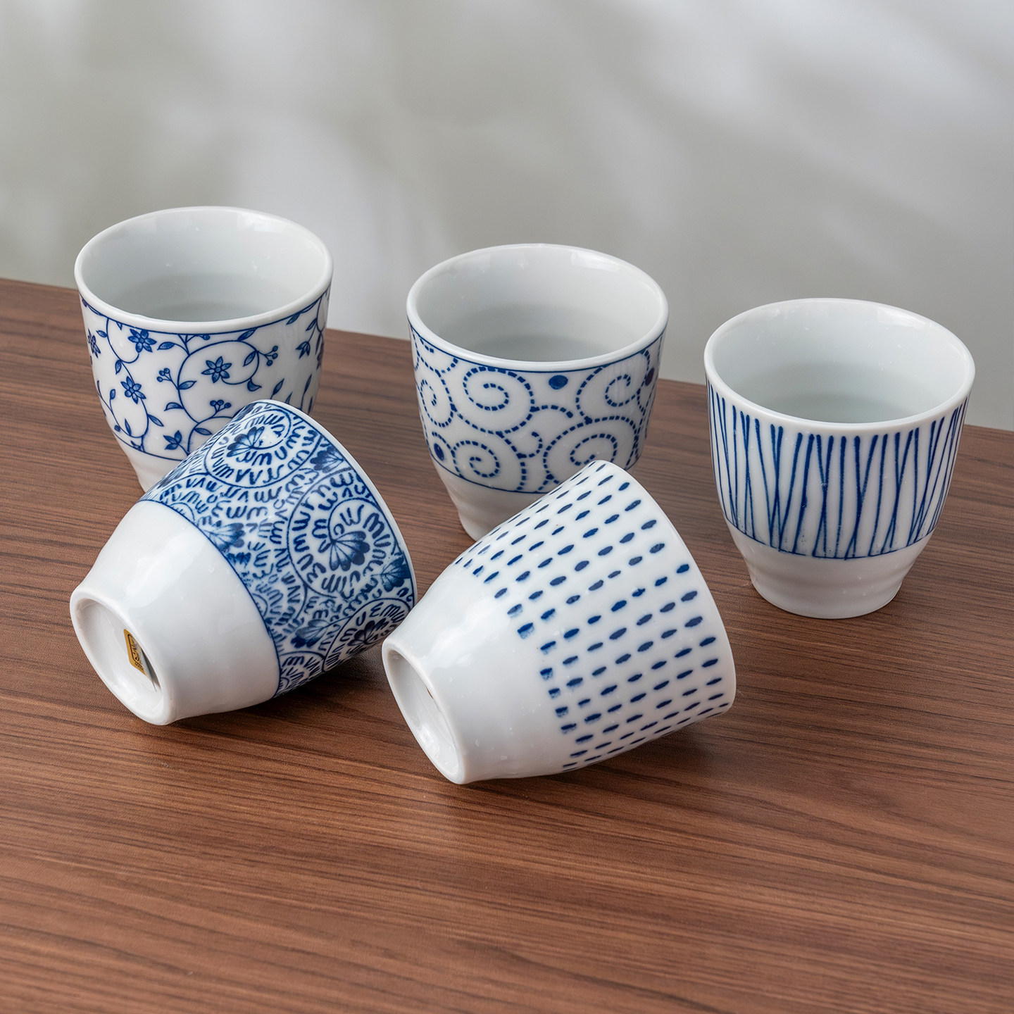 美浓烧日本进口陶瓷餐具蓝绘江户小纹茶杯五件套-礼盒