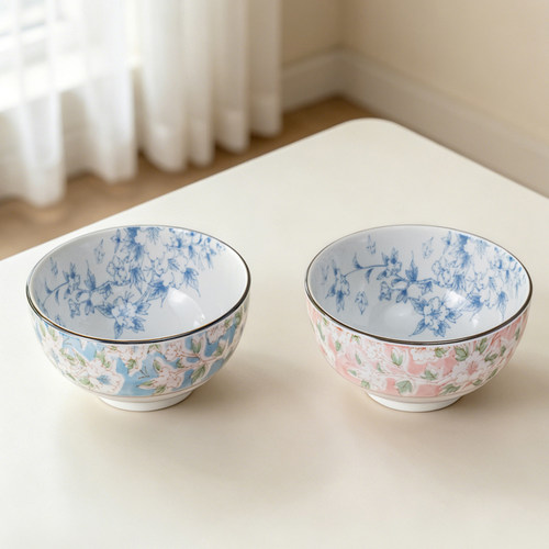 美浓烧日本进口餐具木槿花纹6.3英寸面碗饭碗两件套礼盒装单个装