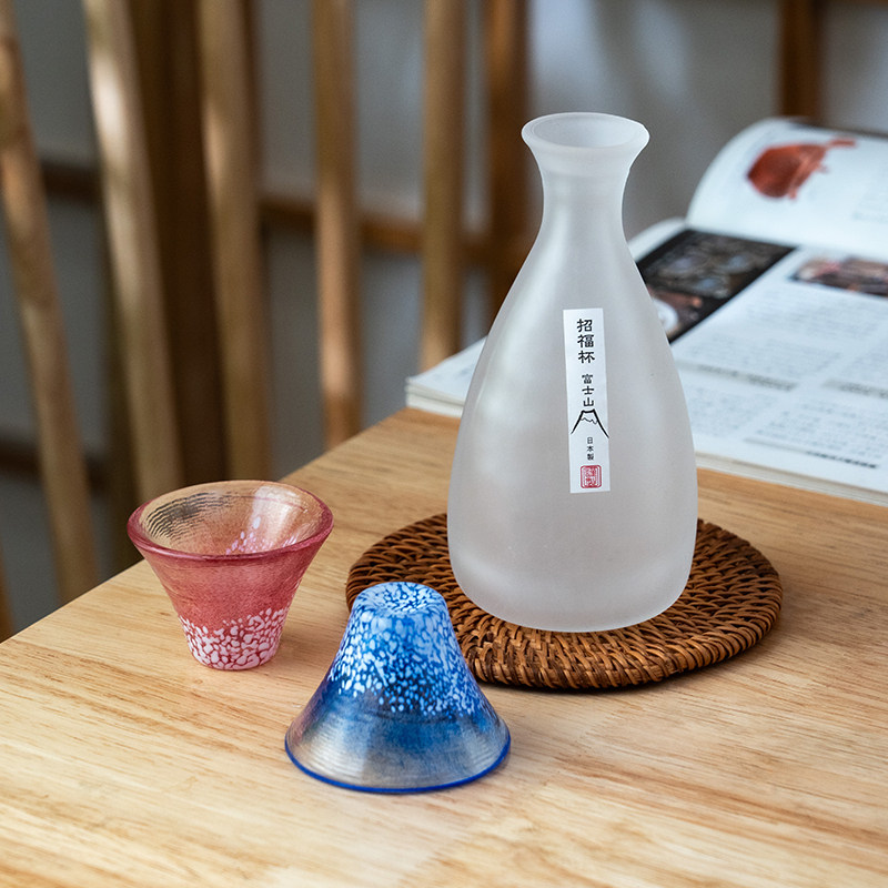 日本进口日式富士山玻璃杯家用创意招福玻璃酒具一壶两杯套装