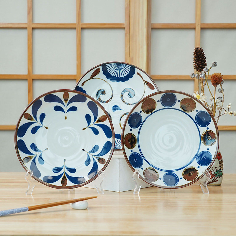 美浓烧日本进口釉下彩陶瓷简约平底复古单个餐盘日式餐具盘子菜盘